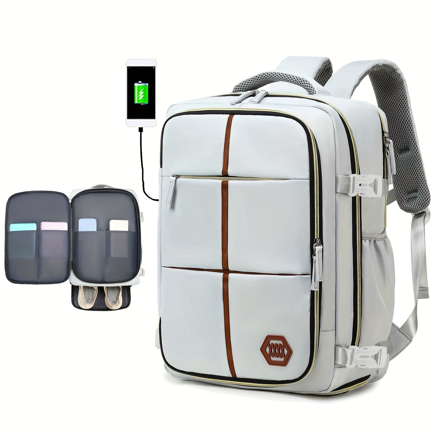 Stylish white and black travel backpack with shoe compartment, USB charging port, and durability for outdoor and school use.