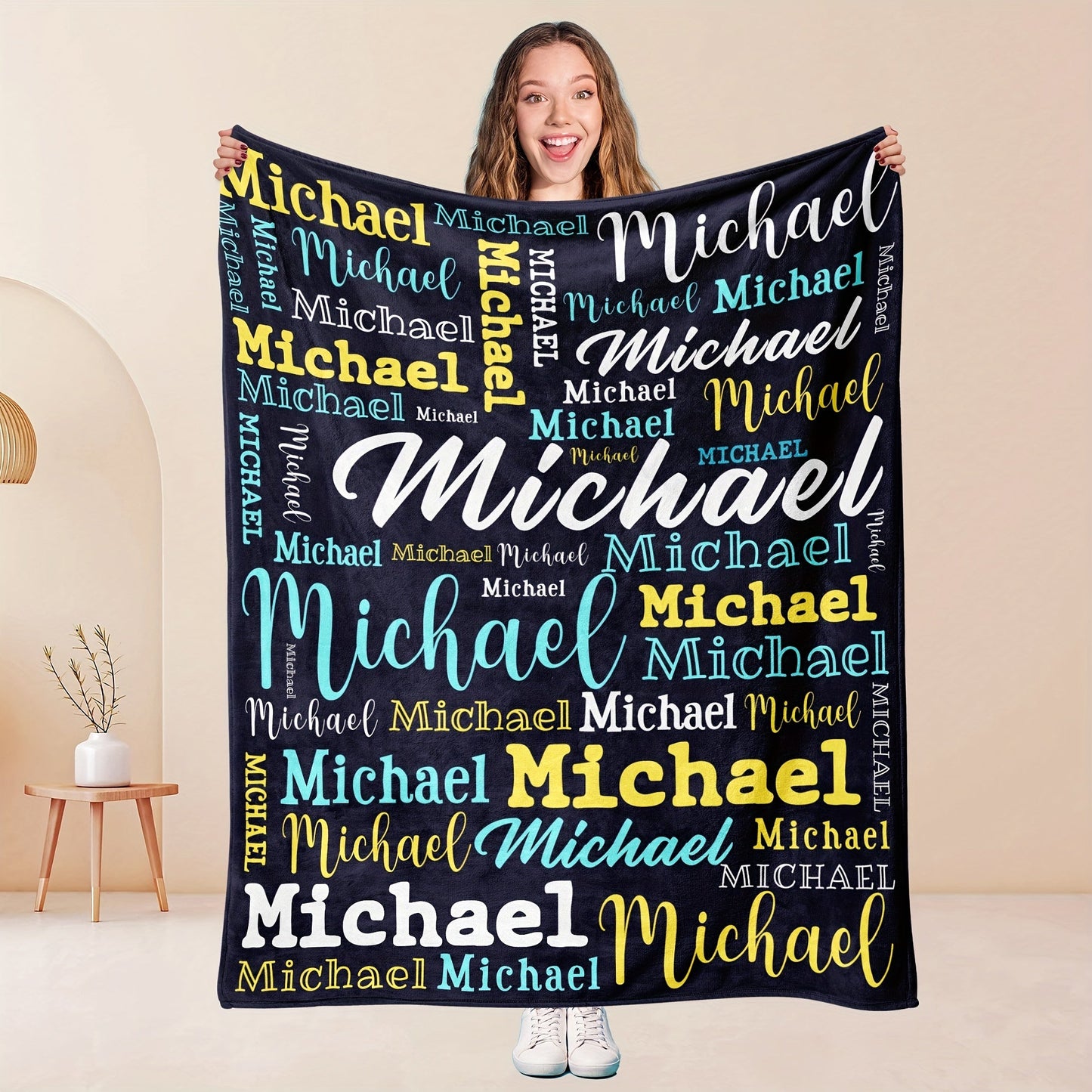 Personalized Big Name Blanket by QOGOER made from an ultra-soft 100% polyester flannel knit fabric, featuring high-quality digital printing in a mixed color design that is suitable for all seasons.