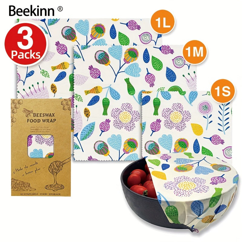 Set of 3 Beeswax Food Wraps, Eco-Friendly Fabric, Hand Washable, Environmentally Friendly, Sustainable Storage Solution for Kitchen