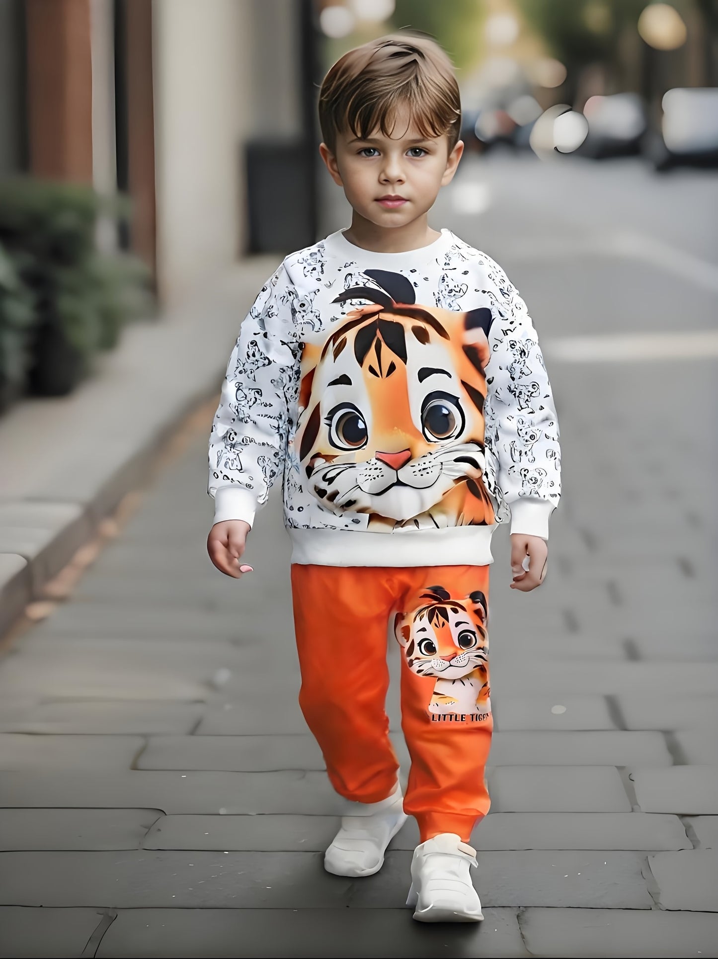 Cute Tiger Print Sweatshirt Set, Polyester Blend, Knit Fabric – Ideal for Spring/Autumn Gift, 2pcs Set for Outdoor Wear