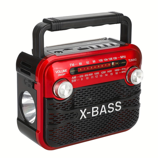 X-BASS Portable FM Radio with Flashlight - Rechargeable battery, multi-band, USB/TF/BT playback, 2-4 hour playtime, red & black, indoor/outdoor use.