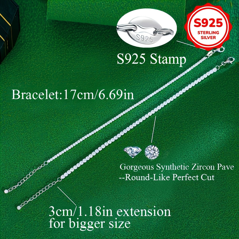 Stylish 925 Sterling Silver Tennis Chain Bracelet featuring Synthetic Cubic Zirconia, Adjustable 2MM/3MM, Hypoallergenic, Sparkling Iced Out Design, Perfect for Daily Wear and Gifting, Ideal Valentine's Day Jewelry for Women.