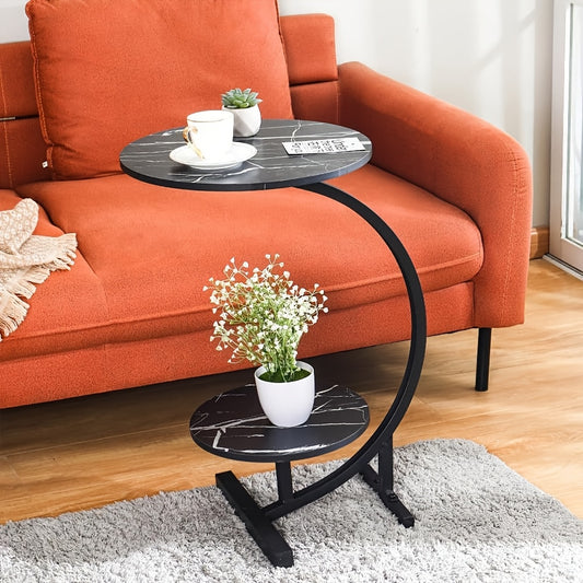 Trendy double-layer coffee table with metal legs and durable wood top, portable for various spaces, multi-functional.