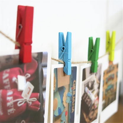 50 colorful wooden clips for DIY photo storage and crafts.