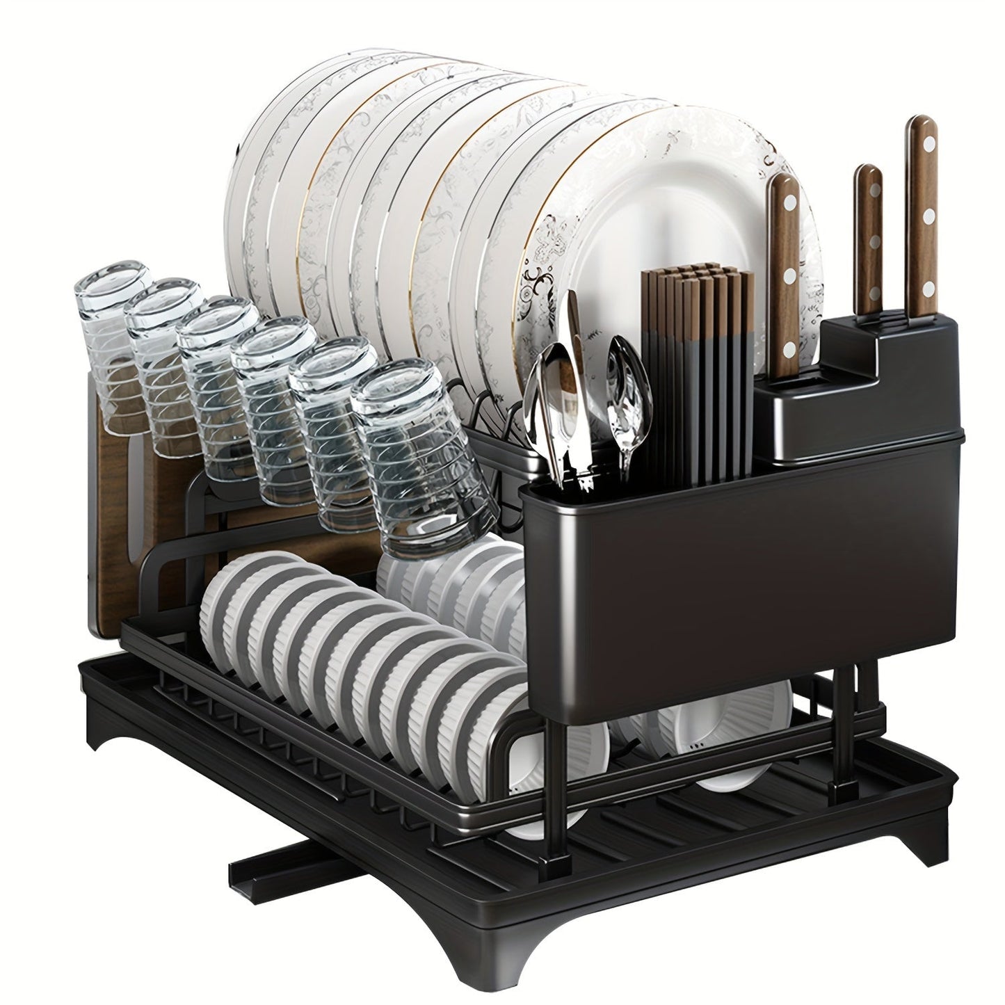 This 2-Tier Iron Dish Drying Rack comes with a Drainboard, Cutlery Holder, Knife Block, and Glass Holder. It serves as a Kitchen Countertop Plate Bowl Organizer and makes the perfect gift for Women on Mother's Day.