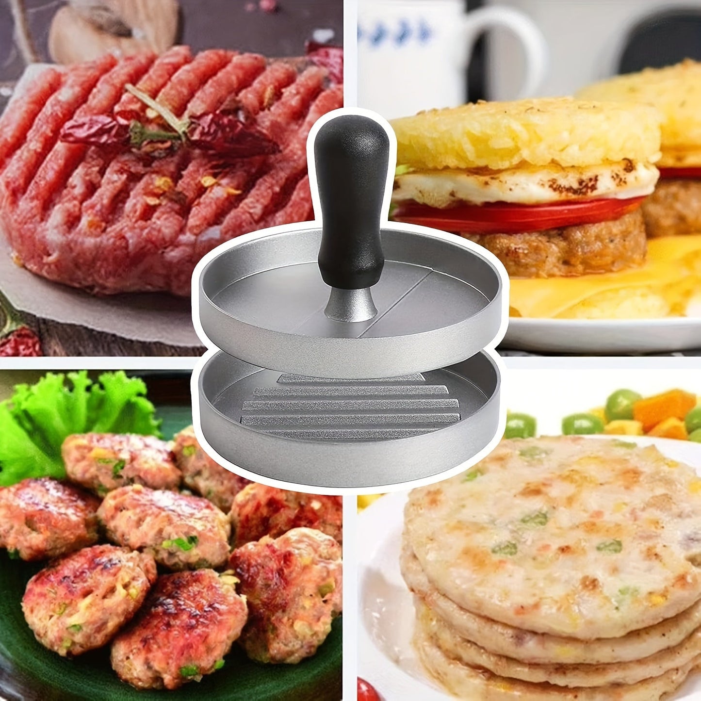 1 Pack of Stainless Steel Hamburger Patty Press Mold with Wood Handle - Non-Stick Burger Patty Maker for Homemade Burgers