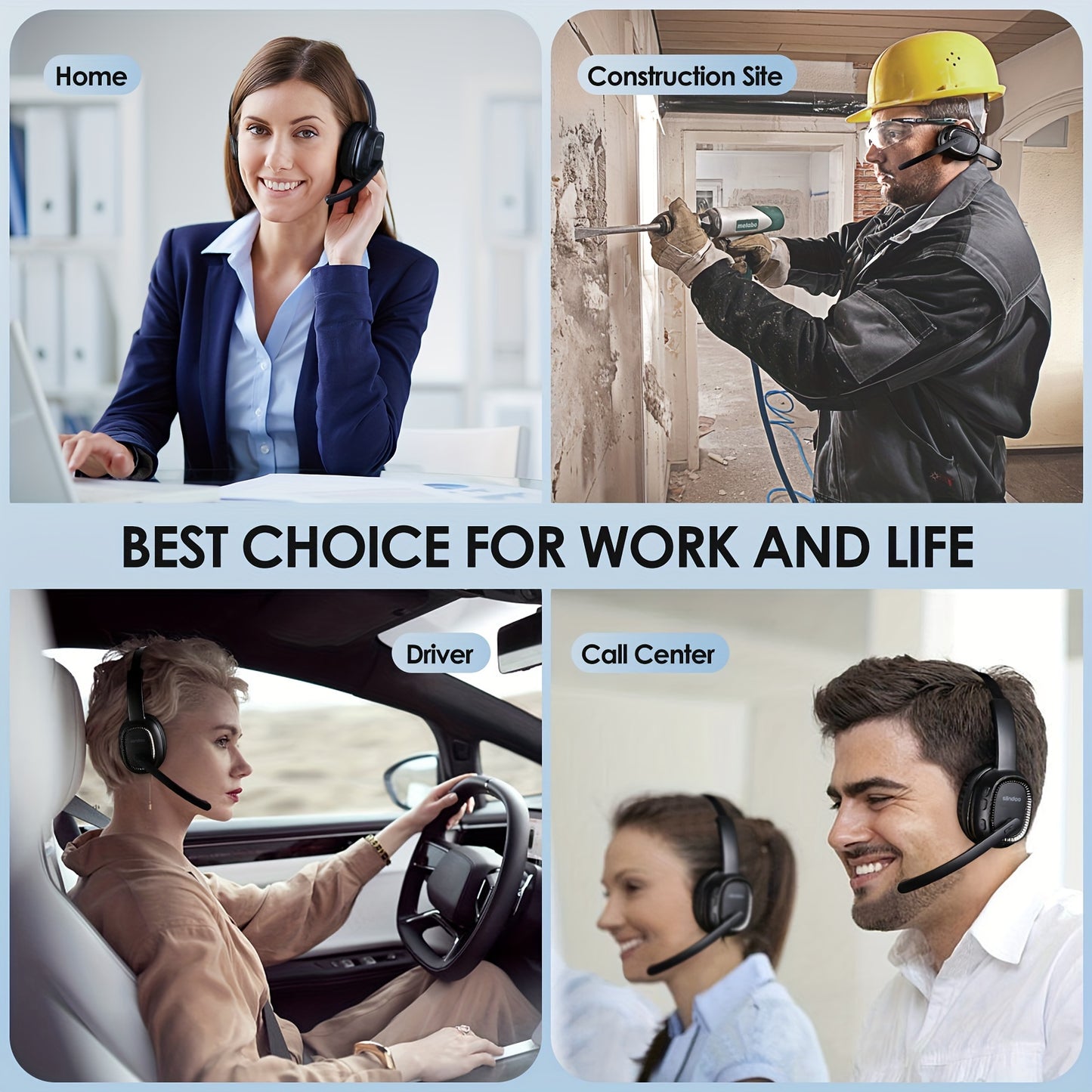 SIINDOO Wireless Noise-Canceling Headset in Black, with Mic, Rechargeable 400mAh Battery, USB-C Charging, Perfect for Office, Business, Truck Drivers. Great for office communication