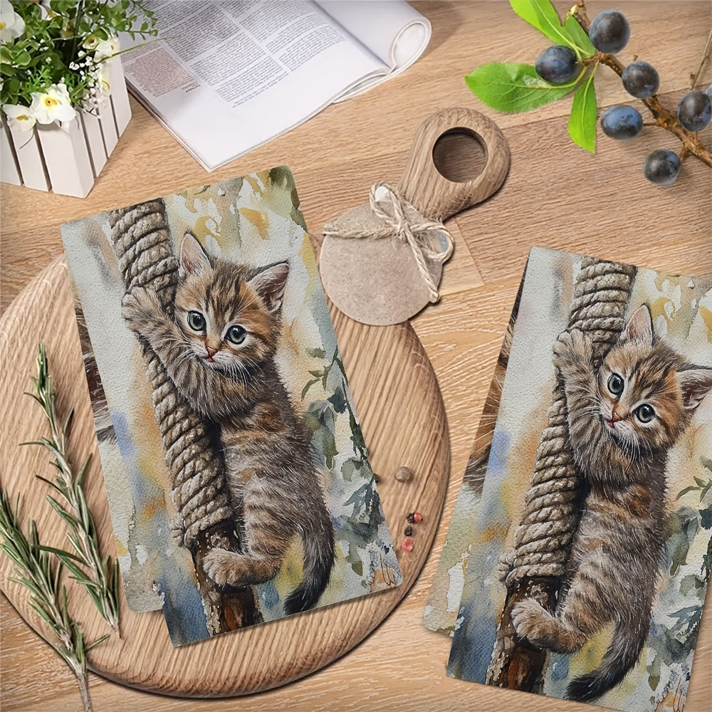 Set of 2 Ultra Soft Kitchen Towels featuring a Cute Kitten Climbing Rope Design, Extremely Absorbent and Easy to Clean Dish Hand Towels, Modern Coastal Style, 40.64x60.96 cm - Ideal for Home Decor and Kitchen Use