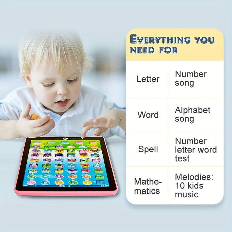 Educational tablet toy for children with interactive learning games in music, numbers, spelling, words, and alphabets. Battery-powered.