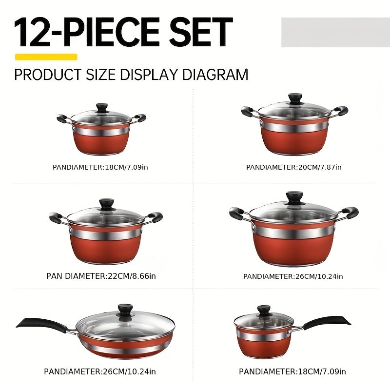 Set of 12 stainless steel pots, including a thickened non-stick frying pan, milk pot, and soup pot with double bottom, ideal for cross-border cooking.