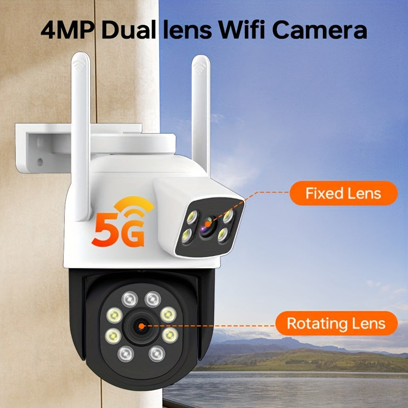 Introducing the Zhxinsd 4MP Dual Lens WiFi Security Camera, featuring Human Detection, 1920P HD Night Vision, 355° Pan 90° Tilt, Remote Viewing, Two-Way Audio, and Mobile App Alerts for Home Safety. This camera is USB powered, requires no batteries, and