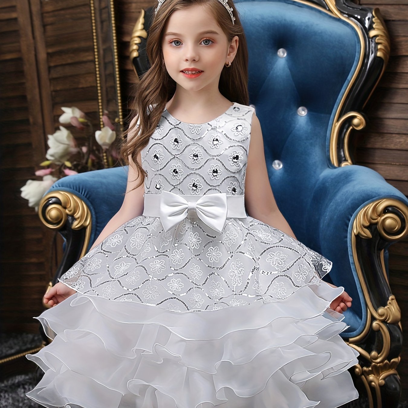 Girls Sleeveless Sequin Flower Princess Dress for Piano Performance, Wedding, Birthday Party