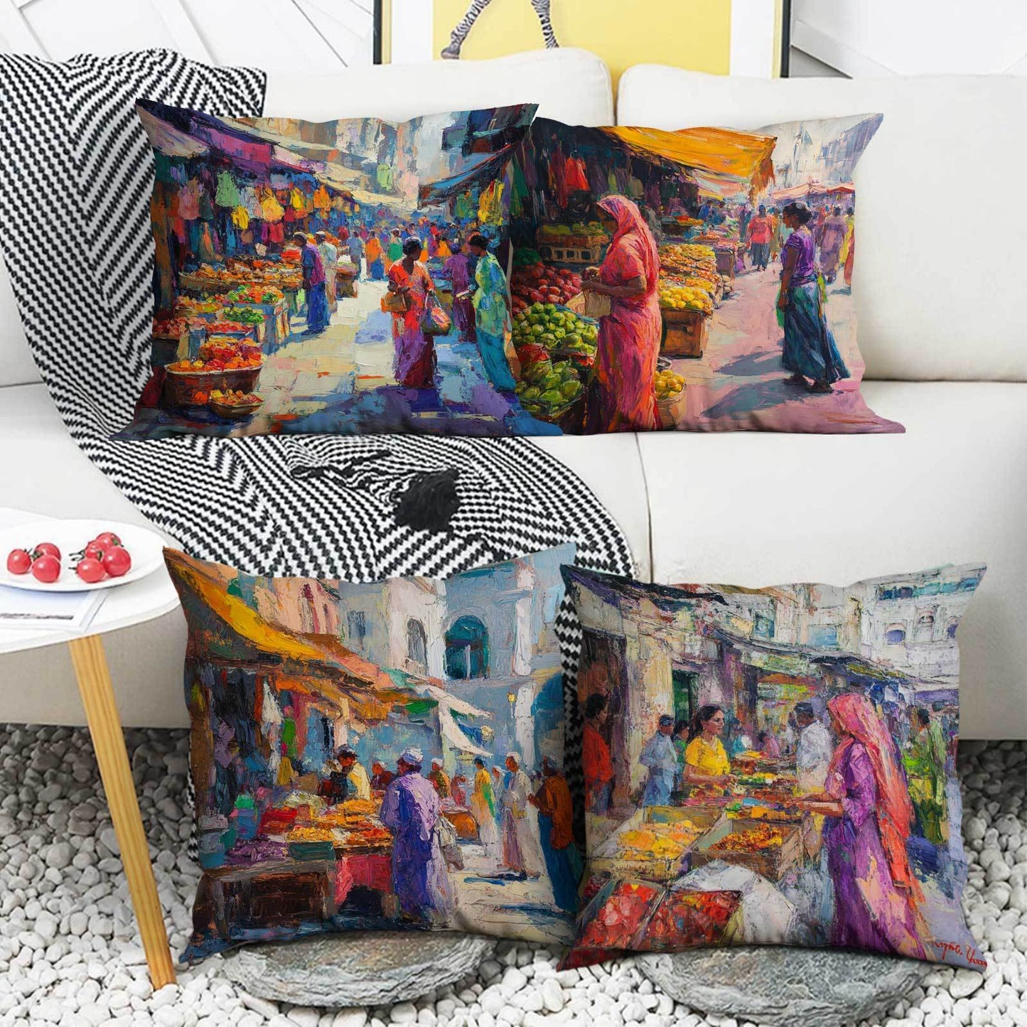 Set of 4 Contemporary Abstract Art Throw Pillow Covers, featuring a Fantasy Theme. These covers are perfect for all seasons, with a convenient zipper closure and machine washable design using high-quality polyester fiber. Ideal for use on office chairs