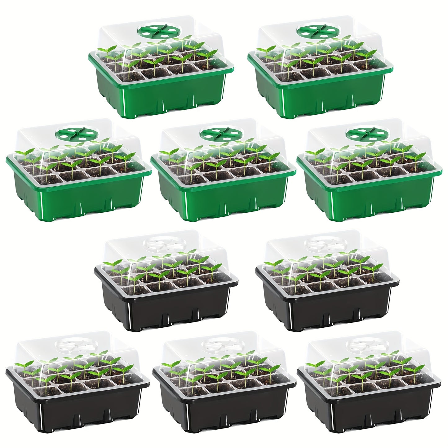 Seed Starter Tray with 10pcs Elevated Lid, 120 Cells, Adjustable Humidity Vent, Clear Cell Tray, Heightened Lids for Greenhouse & Gardens, 5 Green 5 Black.