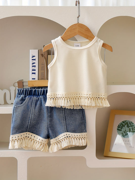 Girls' Boho Style Sleeveless Tassel Top and Shorts Set made of 100% Polyester Knit Fabric, in Solid Color. Regular Fit for Summer Outdoor Activities.