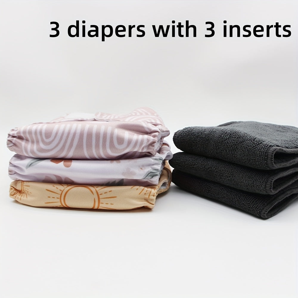 Asenappy Cloth Diaper Set includes 6 pieces of reusable polyester nappies with adjustable snap fasteners. The set also comes with 3 diapers and 3 inserts, all featuring a soft waterproof cover. Suitable for children aged 0-3 years old.