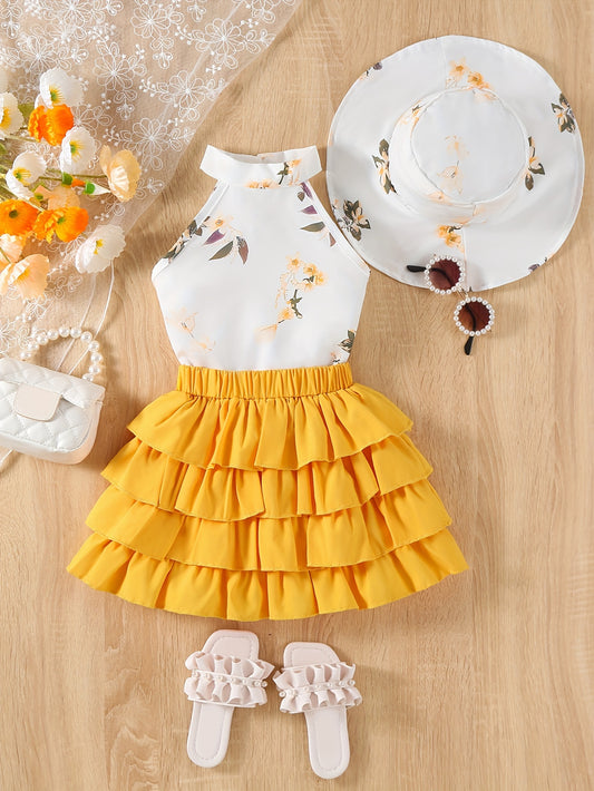 Floral garter top, layered skirt, and hat for young girls.