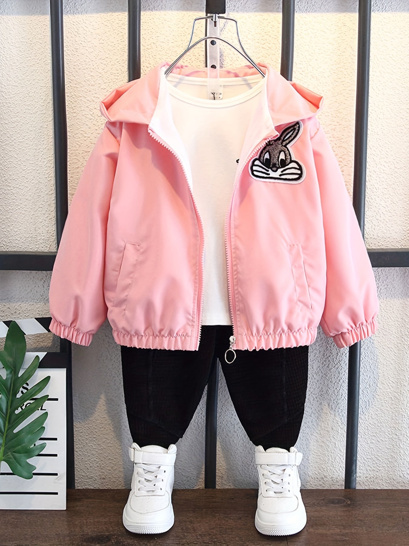 Stylish girls' jacket with rabbit embroidery - perfect for spring/fall.