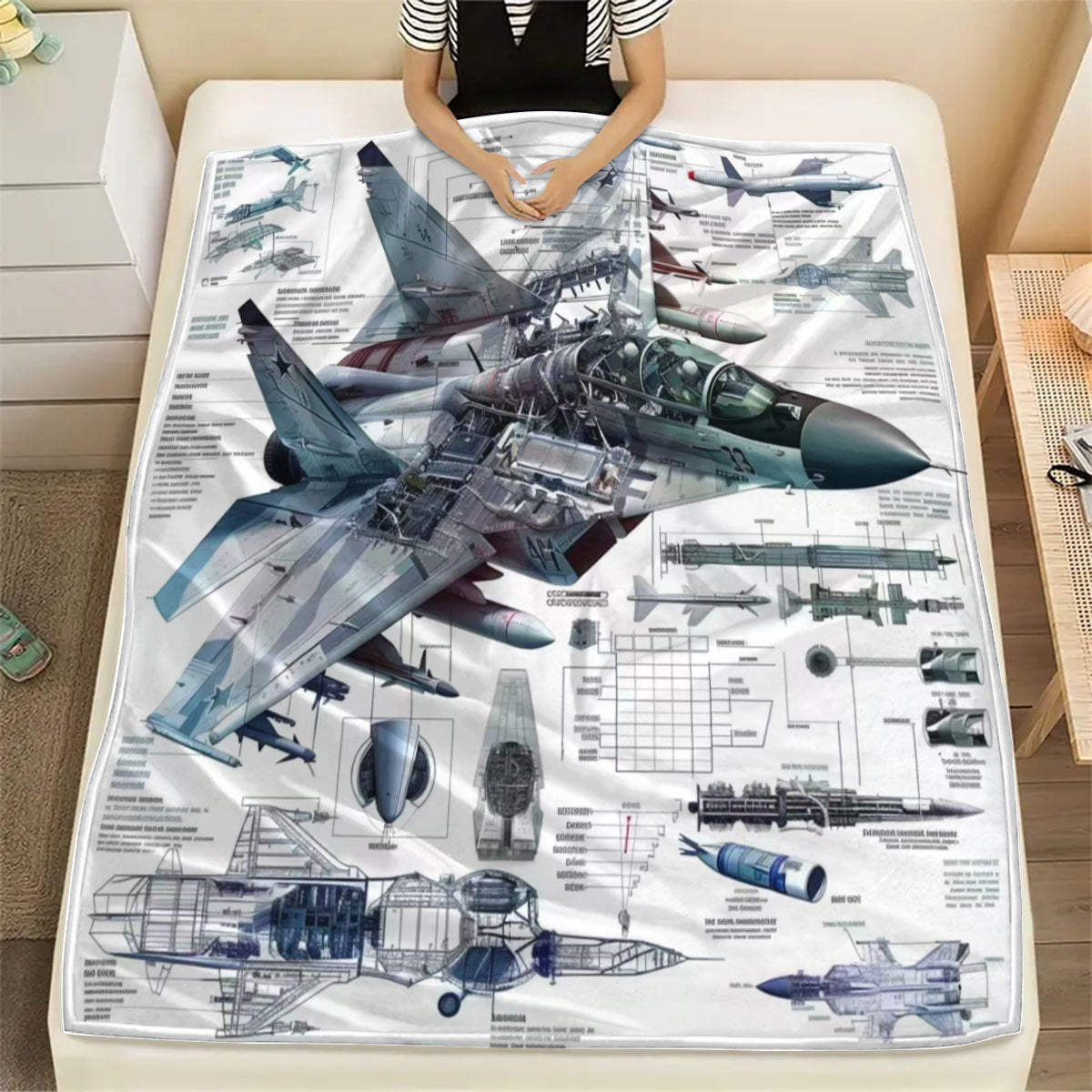 Stay cozy and warm with this military enthusiast fighter jet print flannel blanket. Made of 100% polyester, this blanket is perfect for all seasons and offers comfortable warmth. Featuring a digital print design, this blanket weighs between 200-250gsm