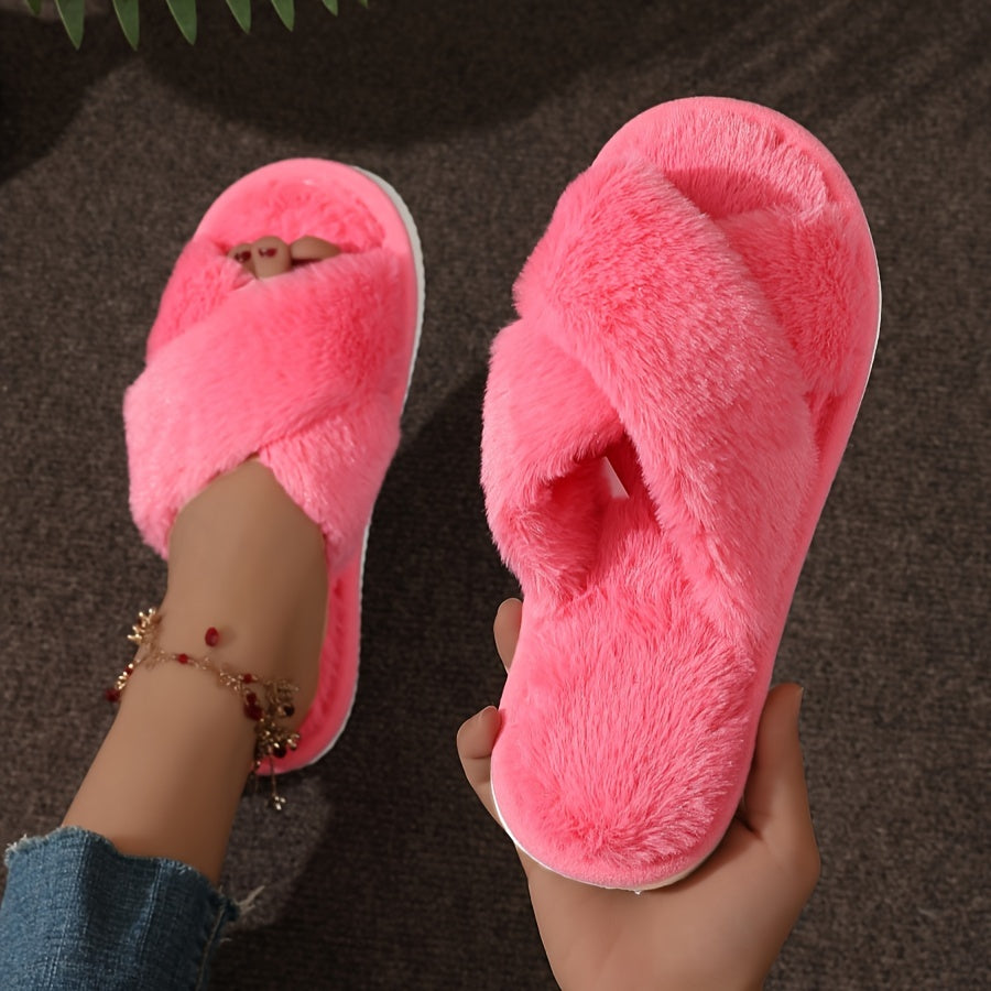 Leopard print plush slippers with soft soles, non-slip for cozy warmth at home.