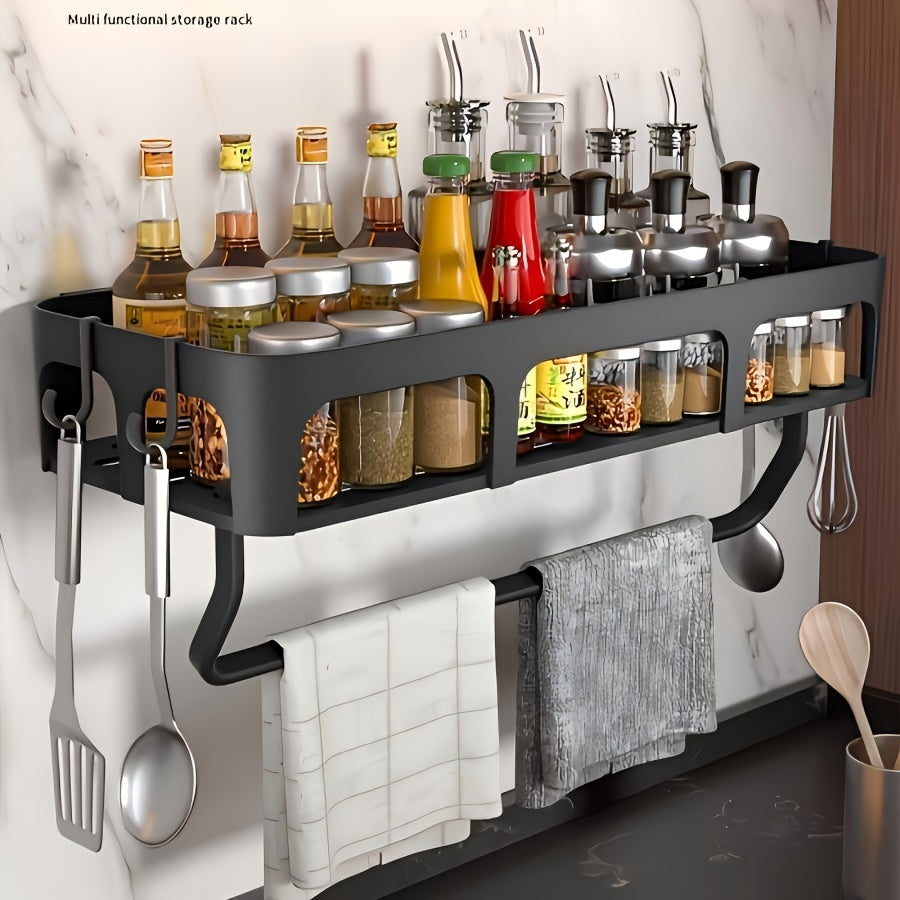 Convenient No-Drill Kitchen Storage Rack with Hooks - Versatile Wall-Mounted Organizer for Spices & Supplies, Sturdy Plastic, Compact Space-Saving Build