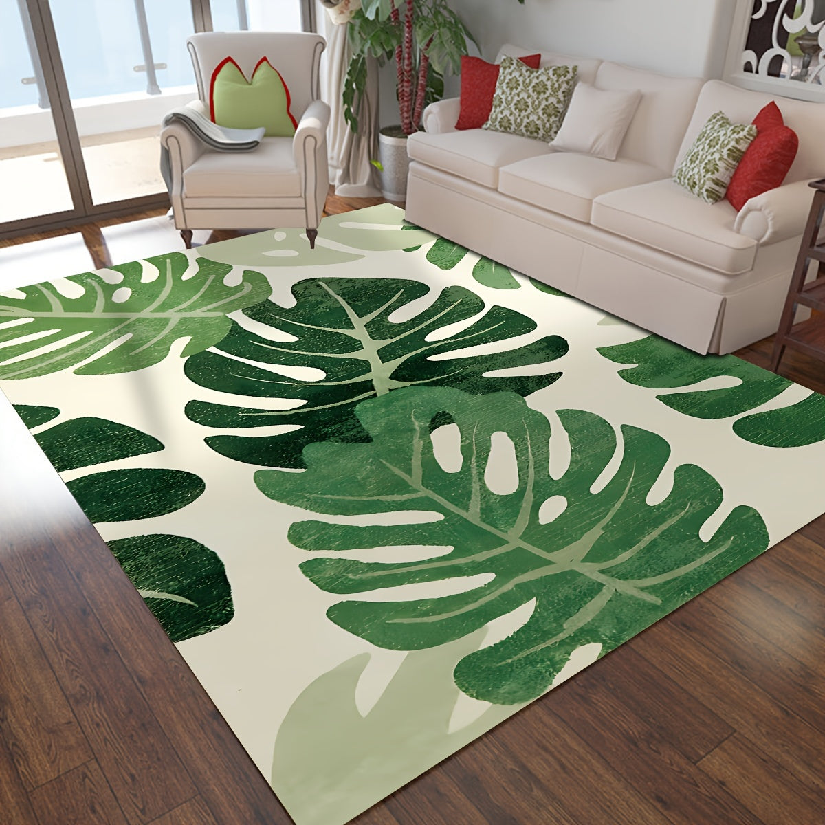 Green Plant Pattern Soft Area Rug, made of modern style polyester with a thick and luxurious rectangular design. Ideal for living rooms, bedrooms, kitchens, and indoor decor. This absorbent rug features a non-slip mat and foam pad for added comfort.