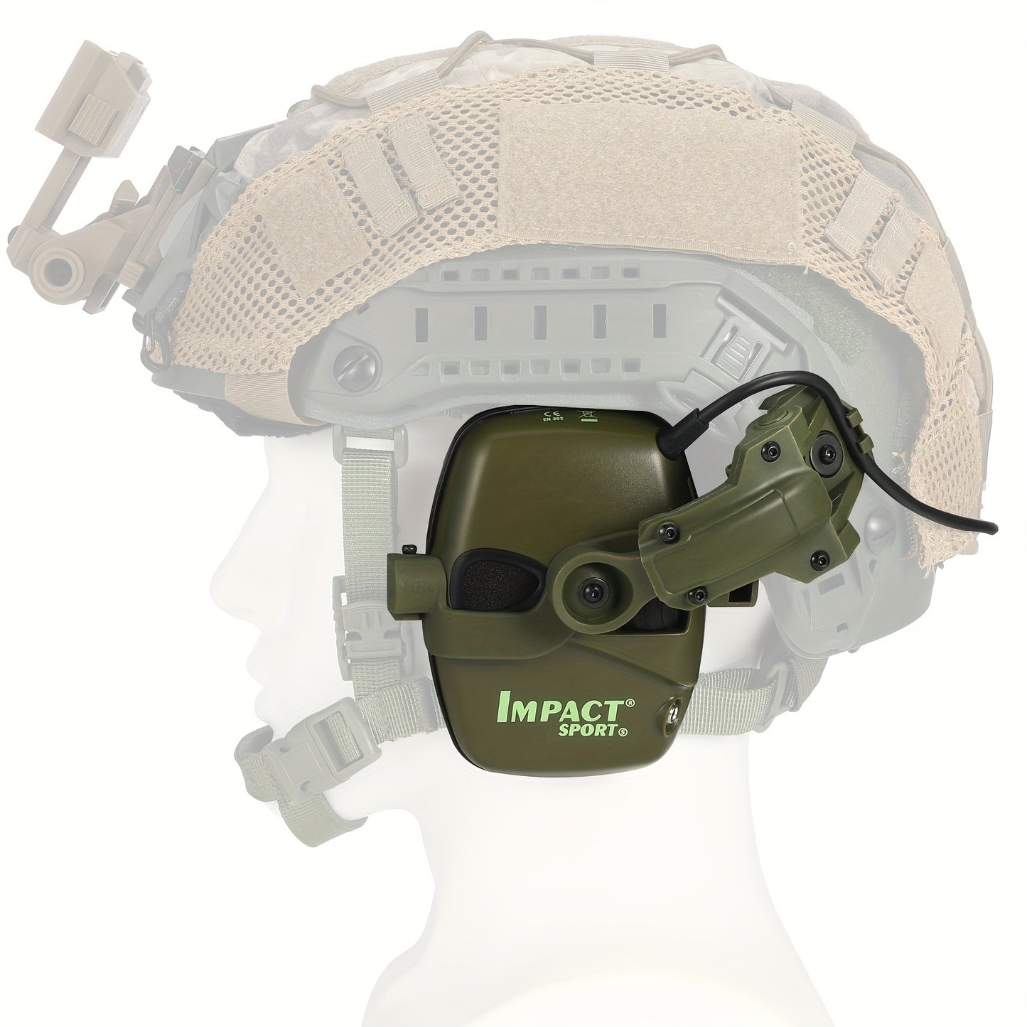 Helmet-mounted tactical shooting earmuffs with electronic sound pickup, active noise reduction, and no battery requirement.