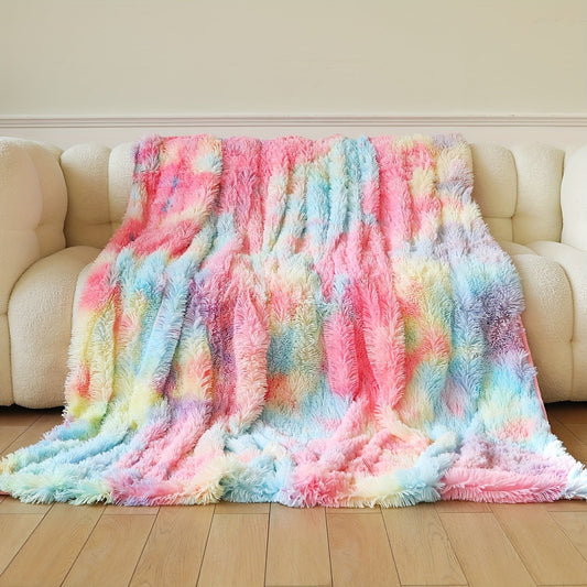 Multifunctional Rainbow Double Layer Plush Blanket - Ideal for Home Decor and Cozy Bed or Sofa Use