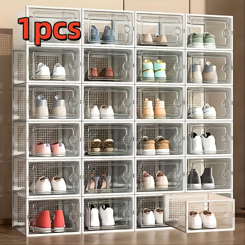 An assortment of clear plastic shoe containers in different dimensions, created for easy stacking and acting as multiple-tier shoe storage units that keep dust at bay. These adaptable shoe organizers are ideal for showcasing in homes and dorm rooms