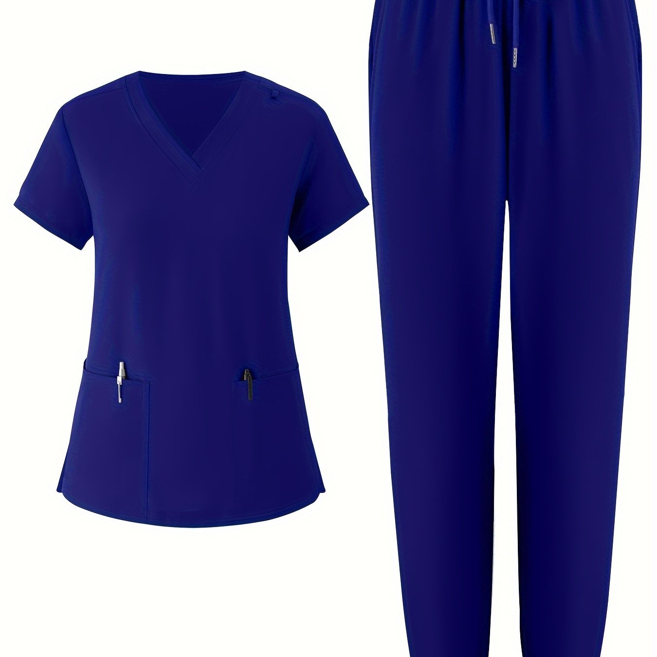 Women's V-Neck Scrub Set, 95% Polyester, 5% Elastane, Solid Color, Breathable with Pockets, All-Season Workwear