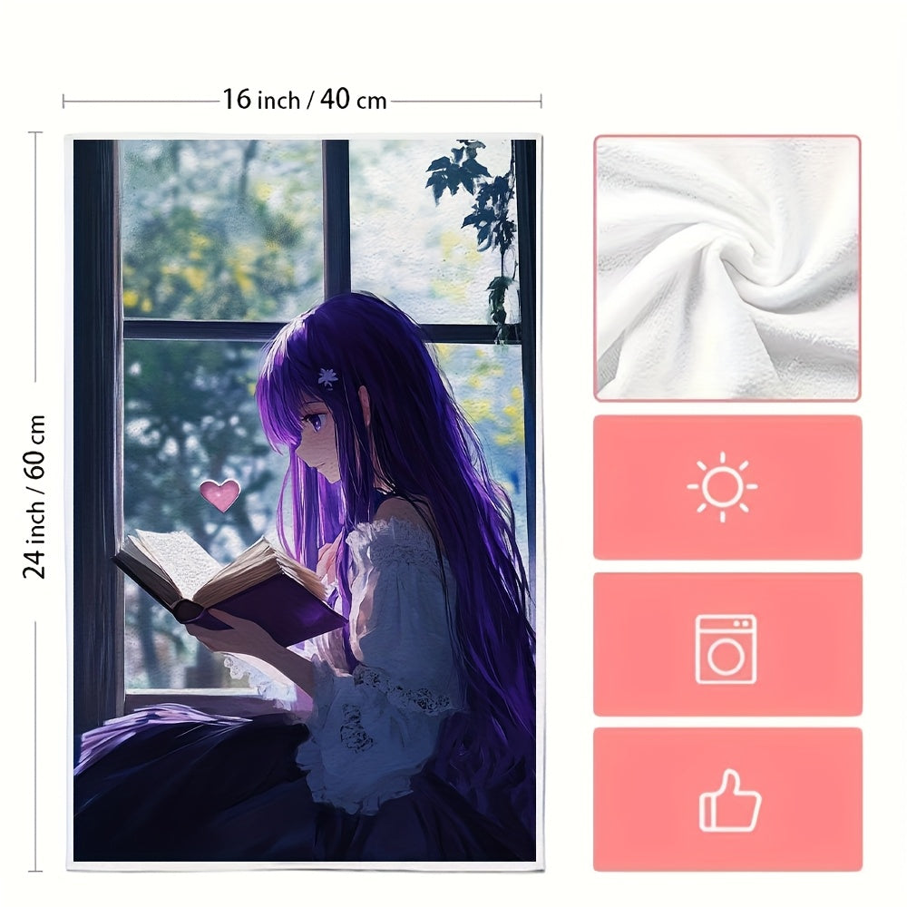 This set includes 2 ultra-soft kitchen towels adorned with an anime girl with long purple hair reading a heart-shaped book by a window. These highly absorbent dish towels are ideal for holiday decoration and can be easily washed in a machine. They