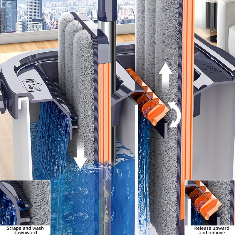 This mop and bucket cleaning set includes a complete set of tools for efficient cleaning. The space-saving bucket won't tip over, and the labor-saving handle makes cleaning easy. The set also features a water discharge device and an aluminum plate mop