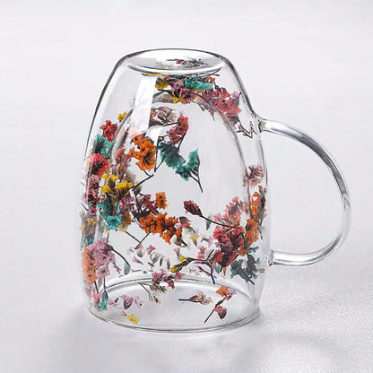 Glass coffee mug with dried flowers, double-walled espresso cups for hot drinks, perfect for all seasons, ideal for birthdays.