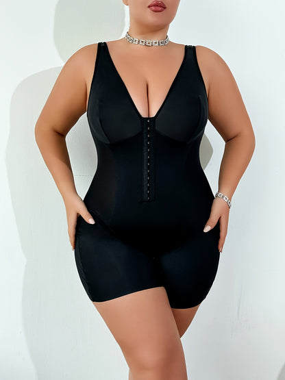 Sleeveless plus size bodysuit with front closure and open crotch.