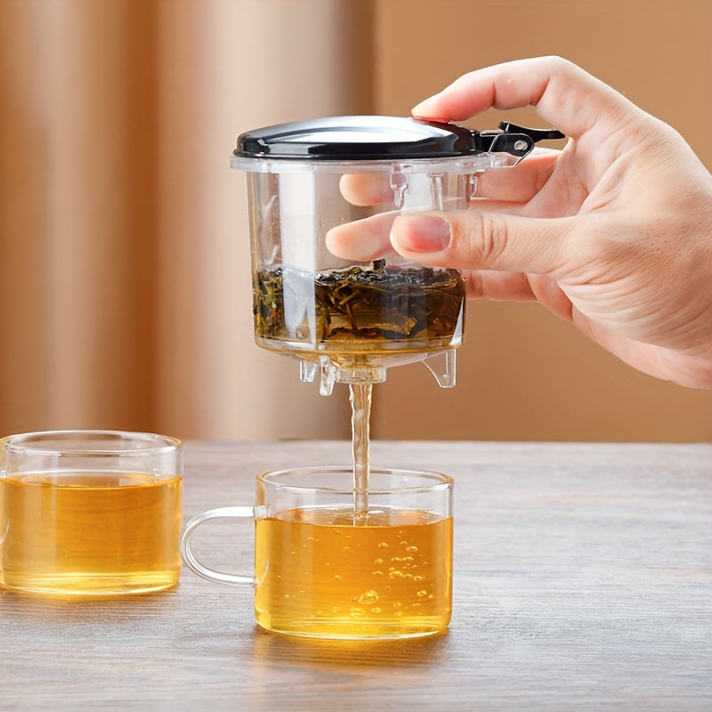 Elegant glass teapot with easy one-button infuser, perfect for loose leaf and blooming tea in home, office, or restaurant.