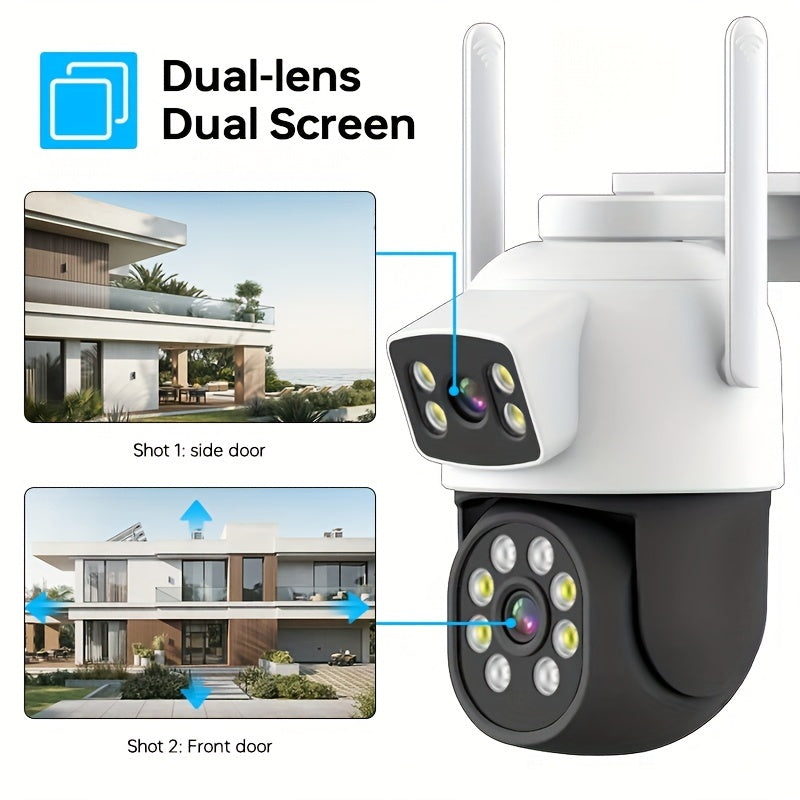 Outdoor security camera with dual lens, wifi connectivity, 360° pan-tilt view, color night vision, auto tracking, 2-way talk, and easy installation.