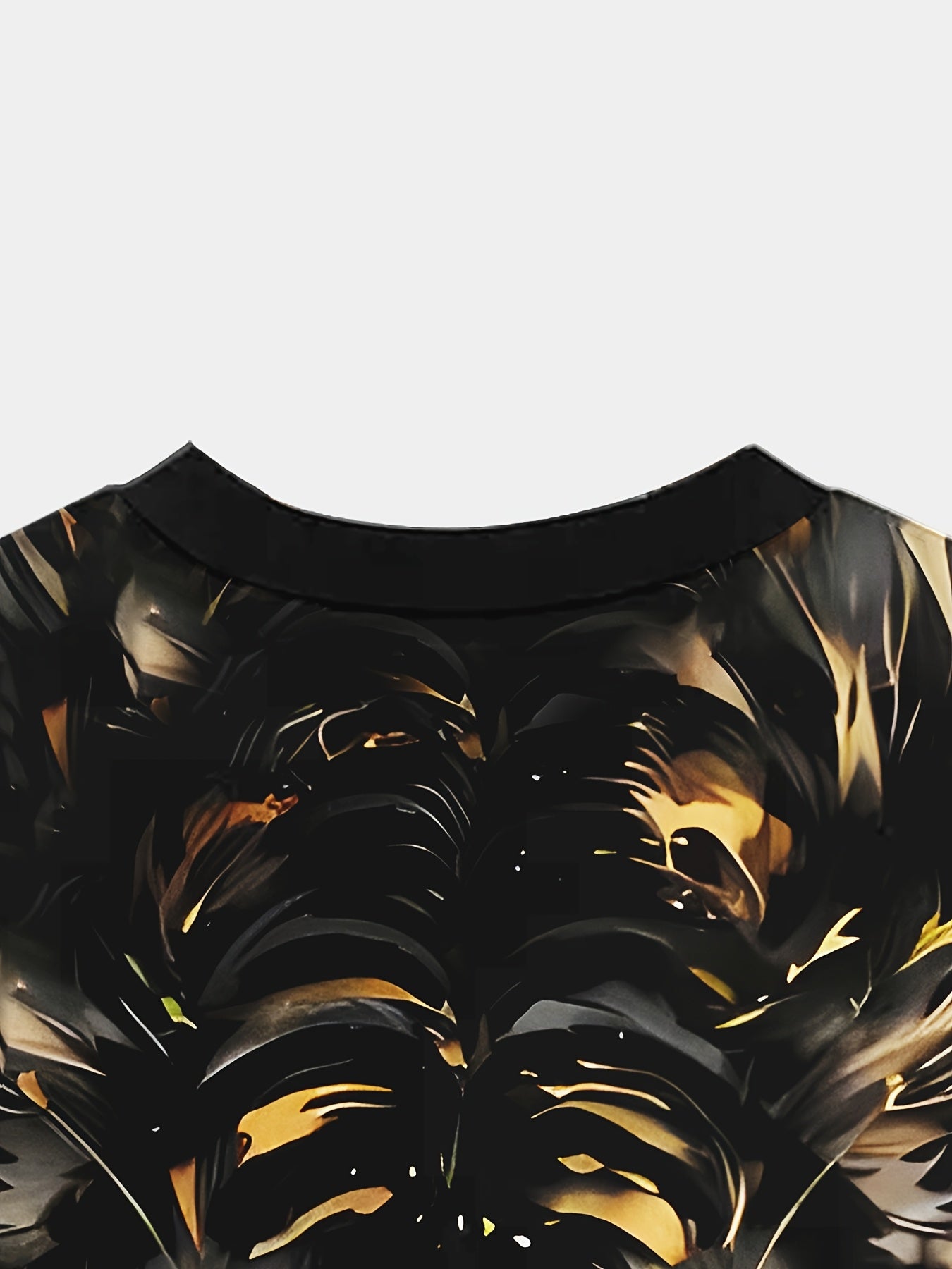 Men's casual crew neck t-shirt with black and golden oil tiger print, made of polyester knit fabric with slight stretch, ideal for daily and weekend wear.