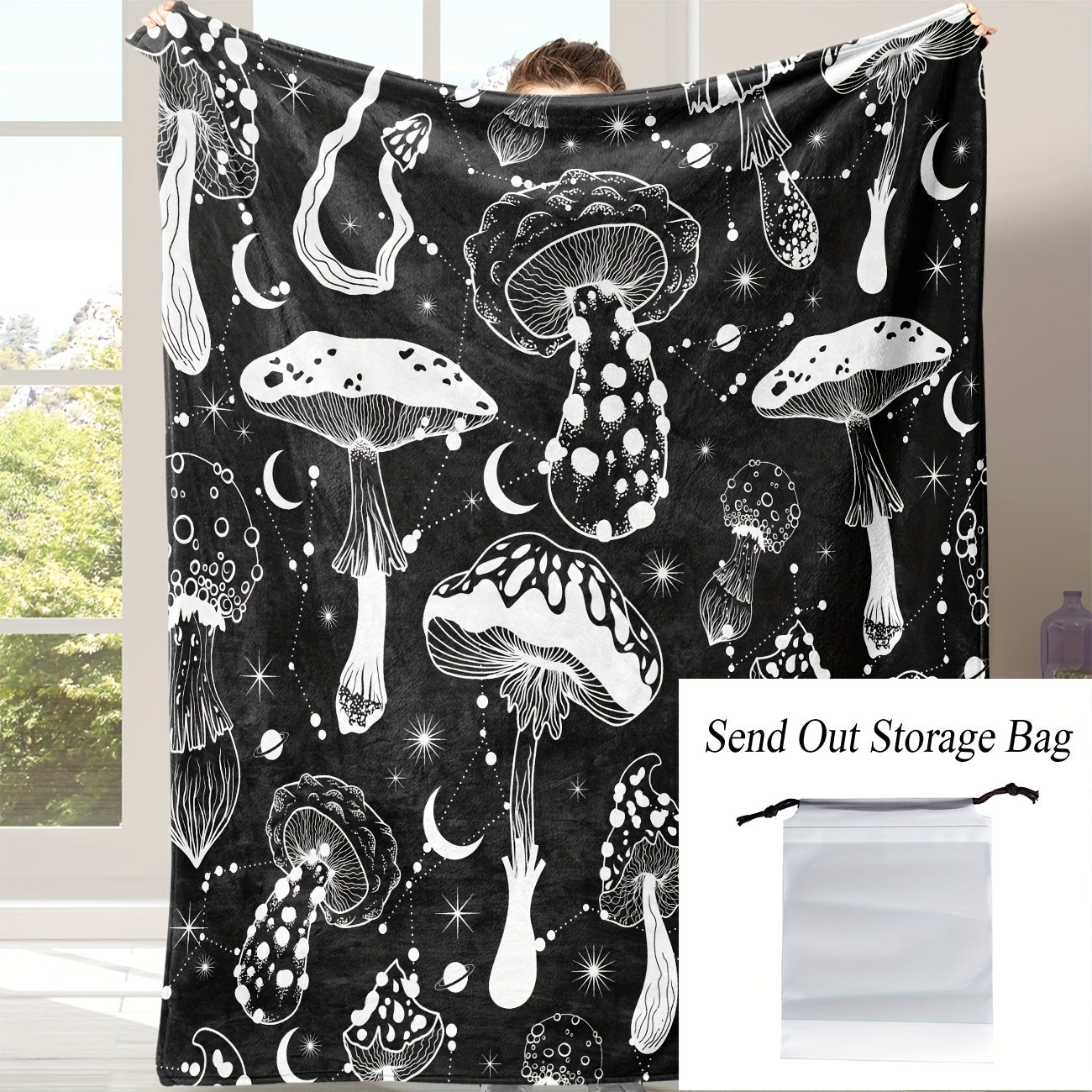 Stay cozy with this stylish Black and White Mushroom Patterned Flannel Blanket, perfect for naps, snuggling, or keeping warm. This versatile and lightweight blanket is a great gift for the home, providing comfort in the living room, bedroom, office, or