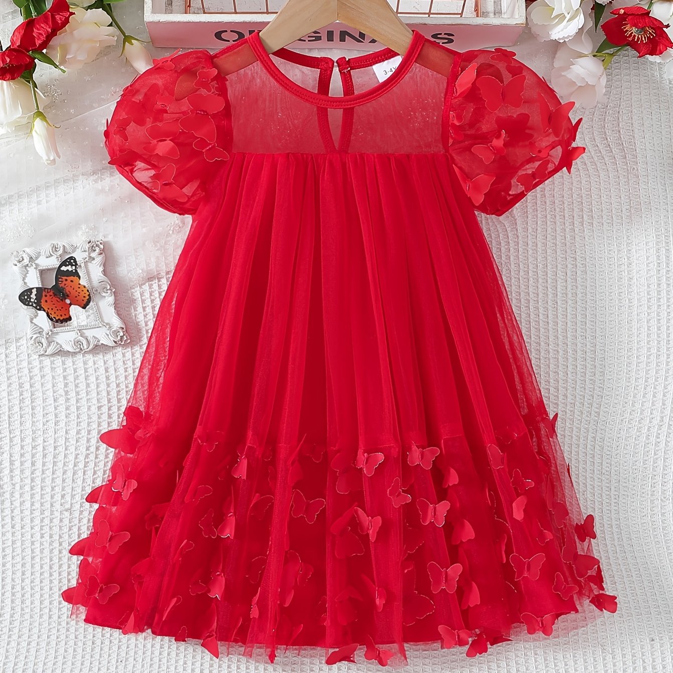 Girl's Spring/Summer Princess Dress with 3D Butterfly Detail, Casual Loose Fit Flared Dress for Ages 3-10, Non-Stretch Hollow Design.