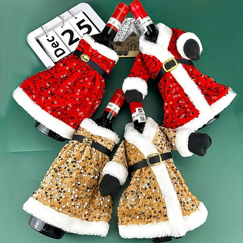 Set of 2 Festive Christmas wine bottle covers with sequined attire, plush hats, and leak-proof sweater. Perfect for wine lovers, home decor, and family gatherings.