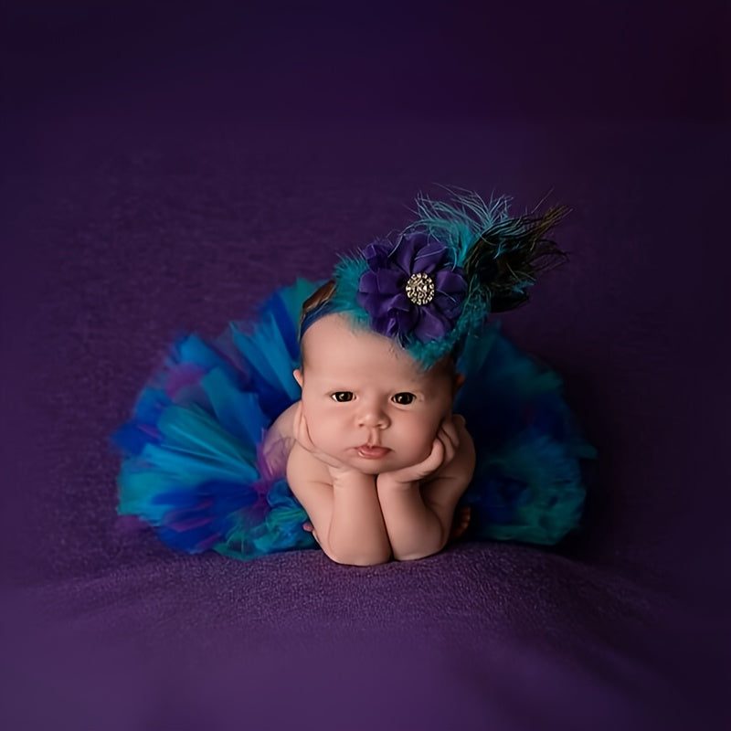 Set of infant ballet tutu skirt and feather headband, featuring colorful tulle. Perfect for newborn photo shoots, girls' birthday ballet costumes, and baby gift sets. Comes in mixed colors.