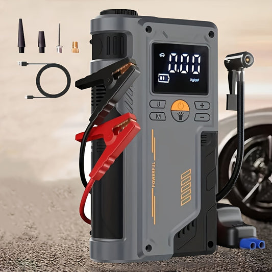 8000mAh portable car jump starter with tire inflator, air compressor, LED display, light, and dual USB/battery power. Suitable for use with cars, motorcycles, bikes, and at festivals.