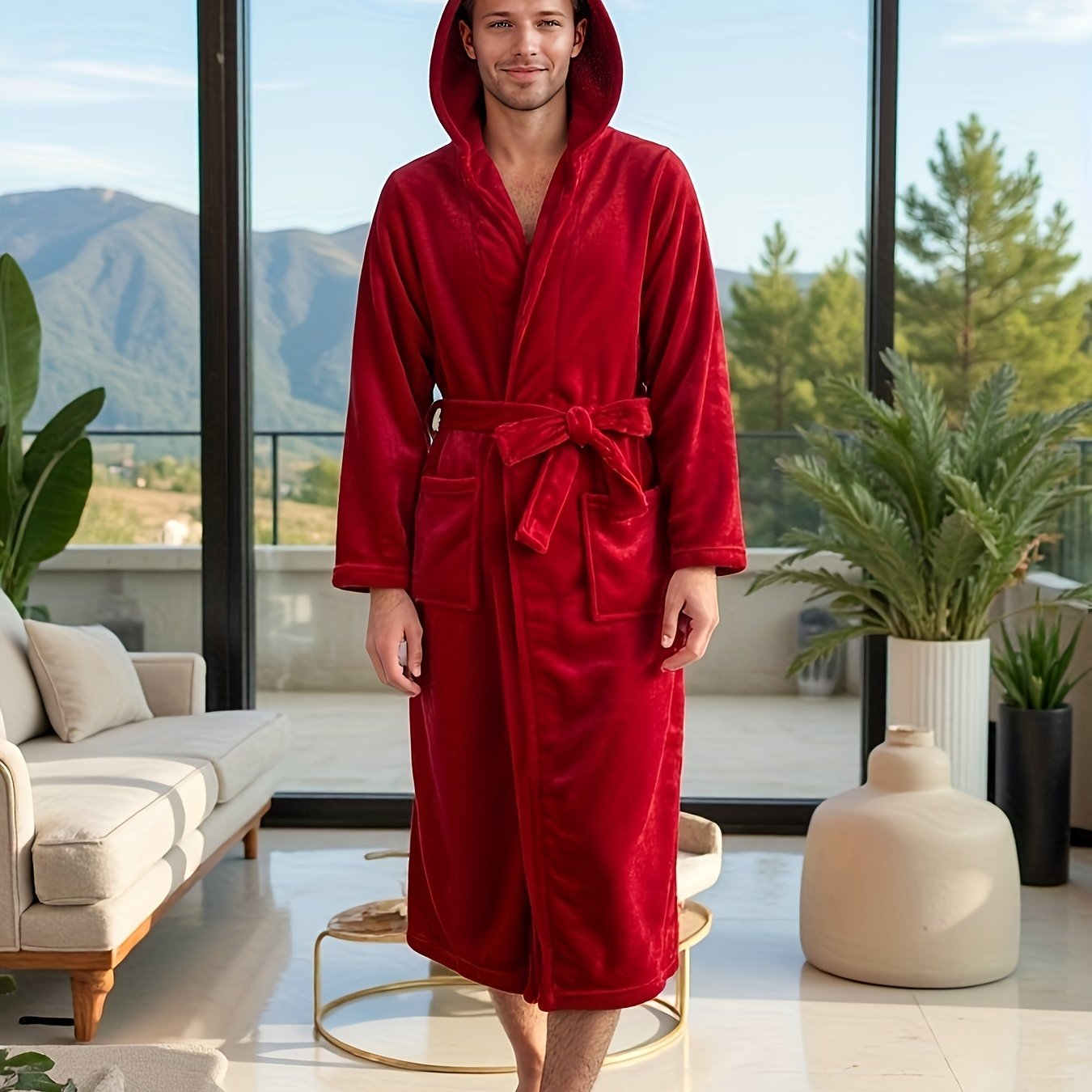 rongtai Men's Plush Fleece Hooded Bathrobe in Green with Side Pockets & Tie Belt, perfect for Autumn/Winter lounging.