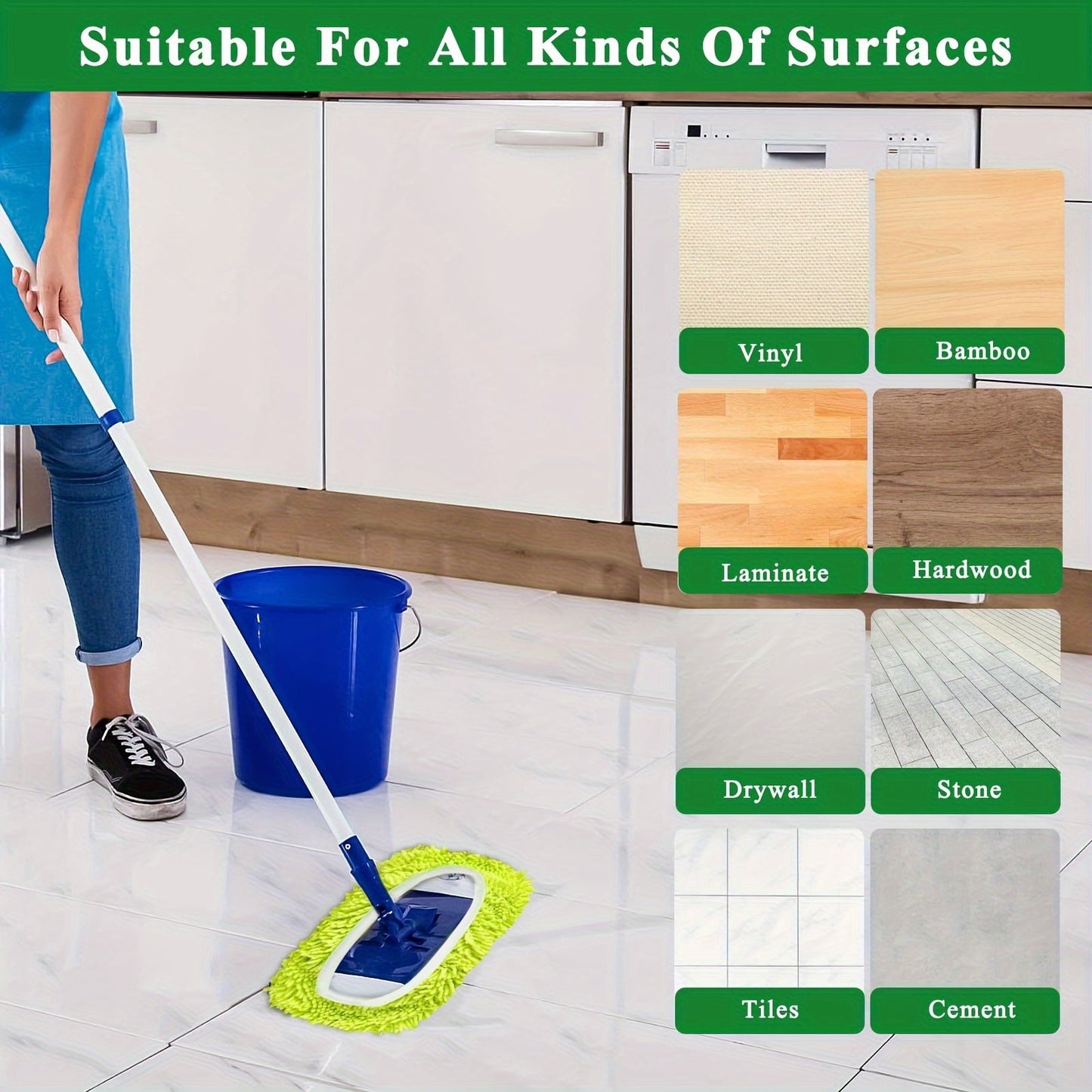 Get a 6-piece set of reusable and washable Home Times Microfiber Mop Pads in green, compatible with sweepers for both wet and dry floor cleaning. Perfect as Christmas or Halloween gifts for household cleaning needs. Experience vibrant green mop pads that