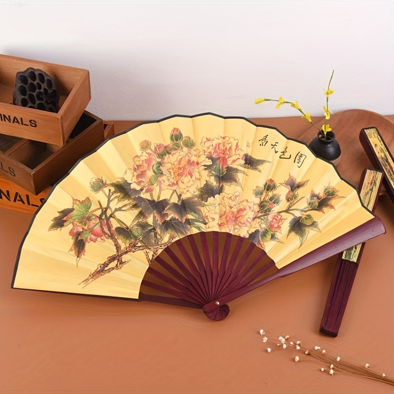 Ancient Style Chinese Fan with Exquisite Peony Plum Eight Jun Picture, 8-Inch Folding Fan