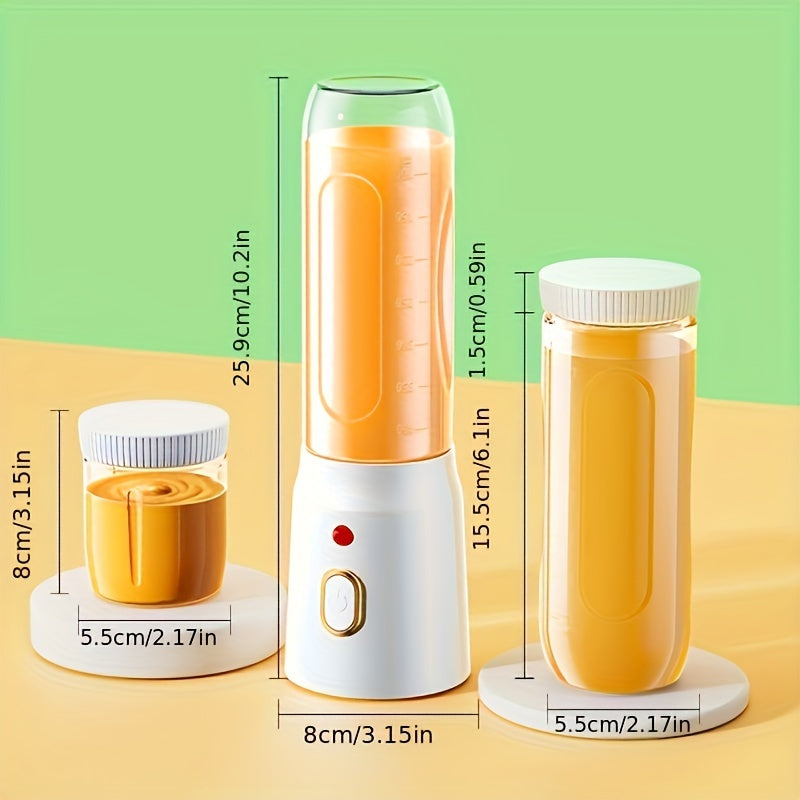 Compact and versatile citrus juicer cup with two bottles, USB rechargeable 450ml mini sports blender featuring a 10-blade cutter head. Ideal for making fruit and vegetable puree smoothies, this wireless lithium battery-powered device is perfect for