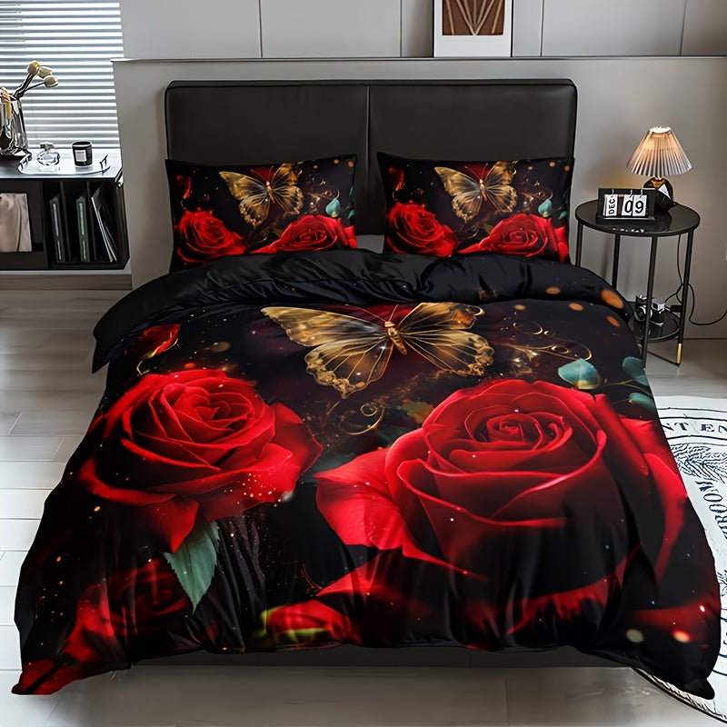 3-piece Romantic Rose Butterfly 3D Duvet Cover Set with 2 Pillowcases. Soft and breathable with HD printing for home or dorm decor.