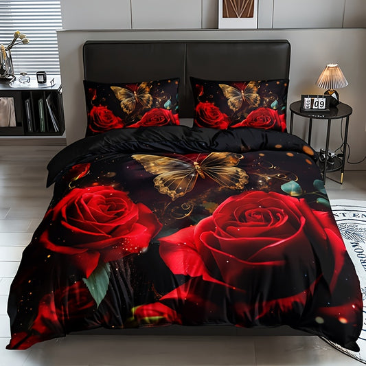 3-piece Romantic Rose Butterfly 3D Duvet Cover Set with 2 Pillowcases. Soft and breathable with HD printing for home or dorm decor.