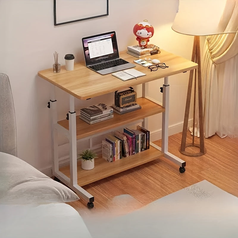 Mobile computer desk with adjustable height and multi-layer storage shelves, modern wooden bedside table/laptop stand, space-saving home office workstation with smooth casters.