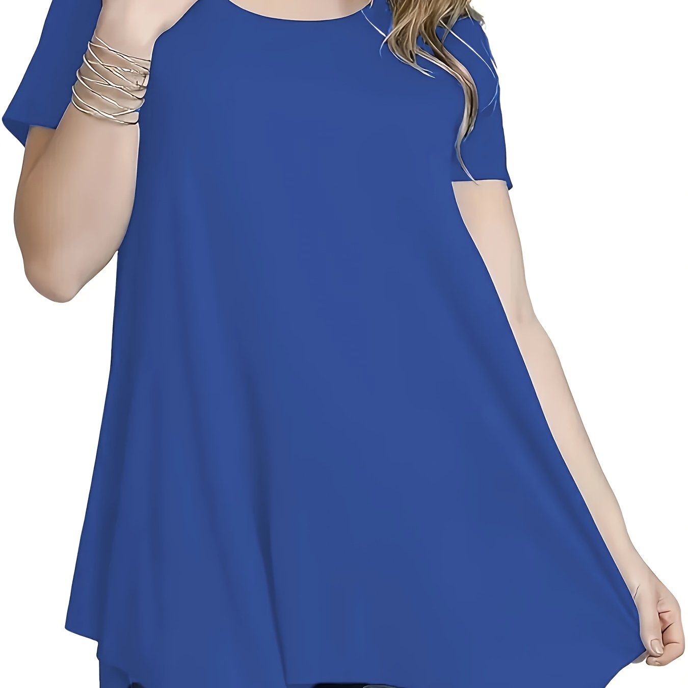 Plus size women's t-shirt with solid color, round neck, irregular hem, short sleeve. Made of polyester and spandex blend, machine washable. From the spring/summer collection.